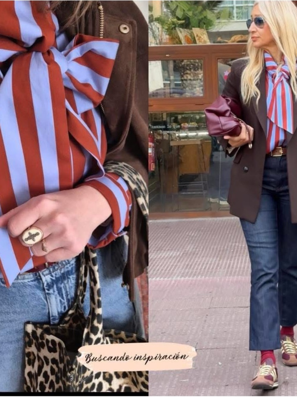 Viral Zara Striped Bow Blouse in Rust and Light Blue